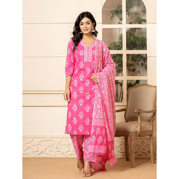 Yufta Pink Sequins Work Straight Kurta and Pants with Dupatta (Set of 3)