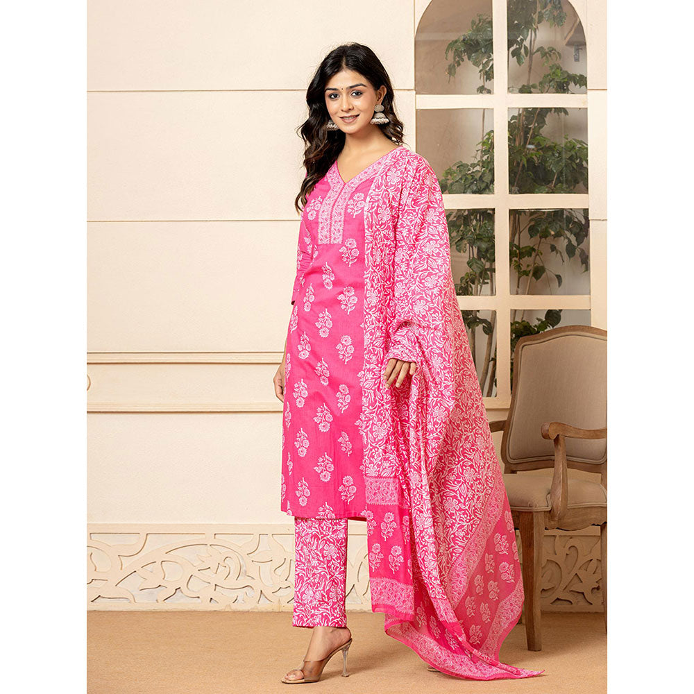 Yufta Pink Sequins Work Straight Kurta and Pants with Dupatta (Set of 3)