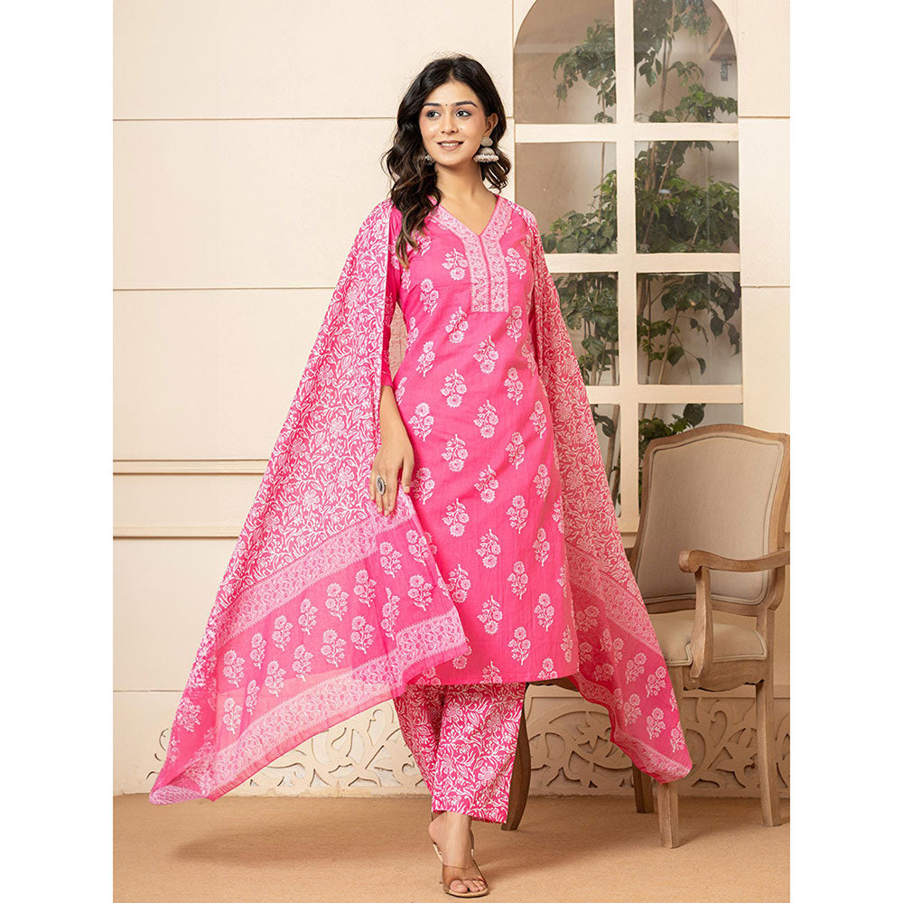 Yufta Pink Sequins Work Straight Kurta and Pants with Dupatta (Set of 3)