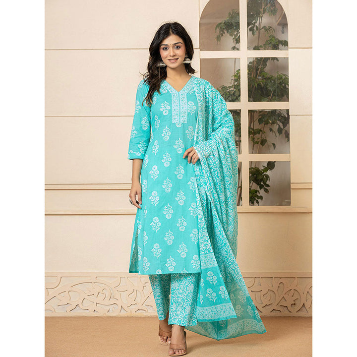 Yufta Sky Blue Sequins Work Straight Kurta and Pants with Dupatta (Set of 3)