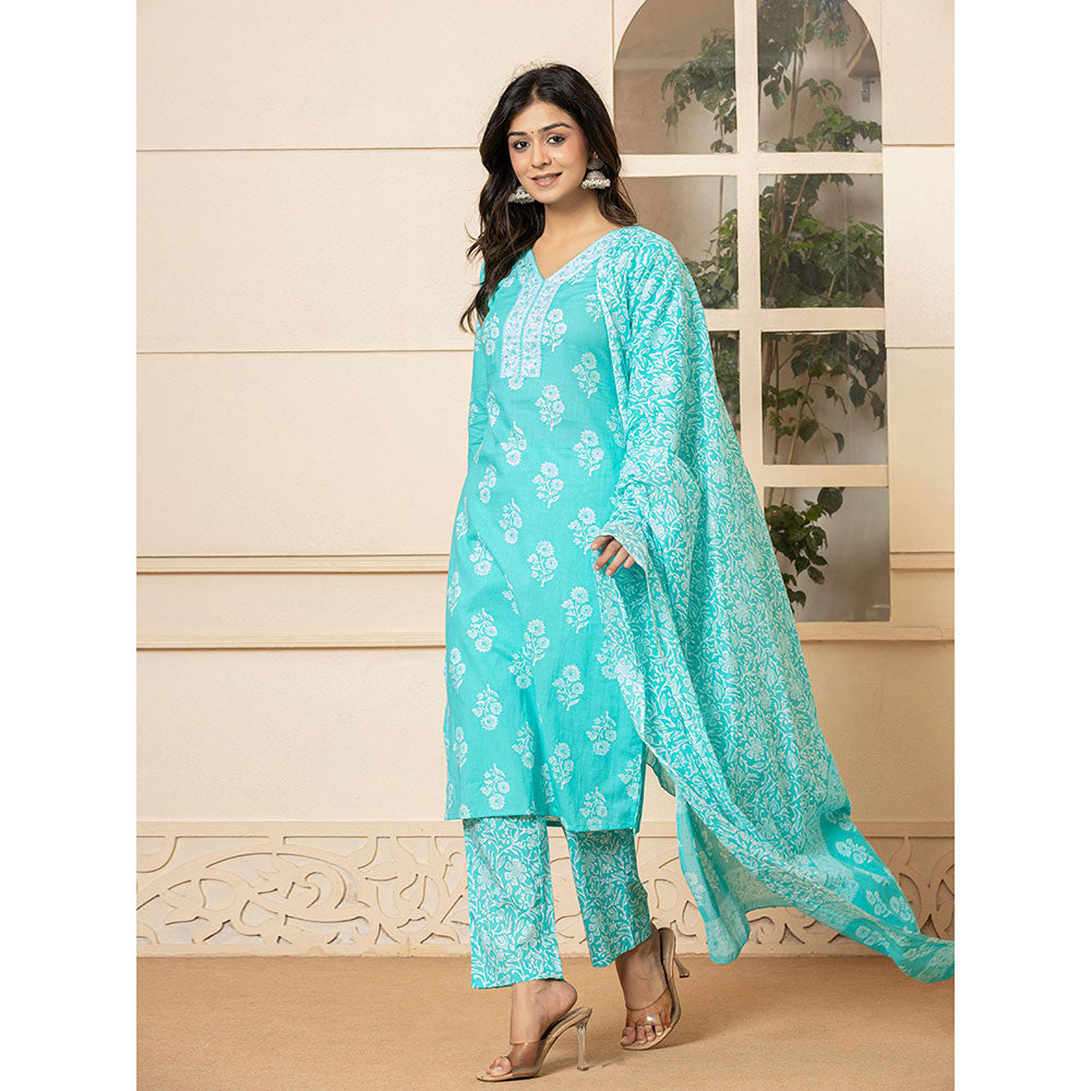 Yufta Sky Blue Sequins Work Straight Kurta and Pants with Dupatta (Set of 3)