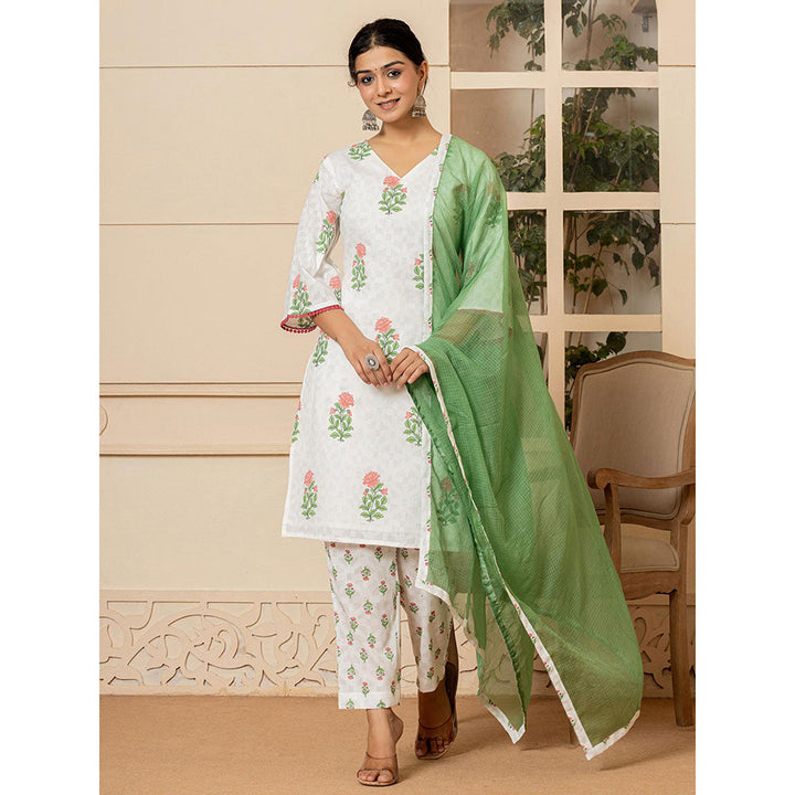 Yufta White Cotton Floral Print Kurta and Pants with Dupatta (Set of 3)