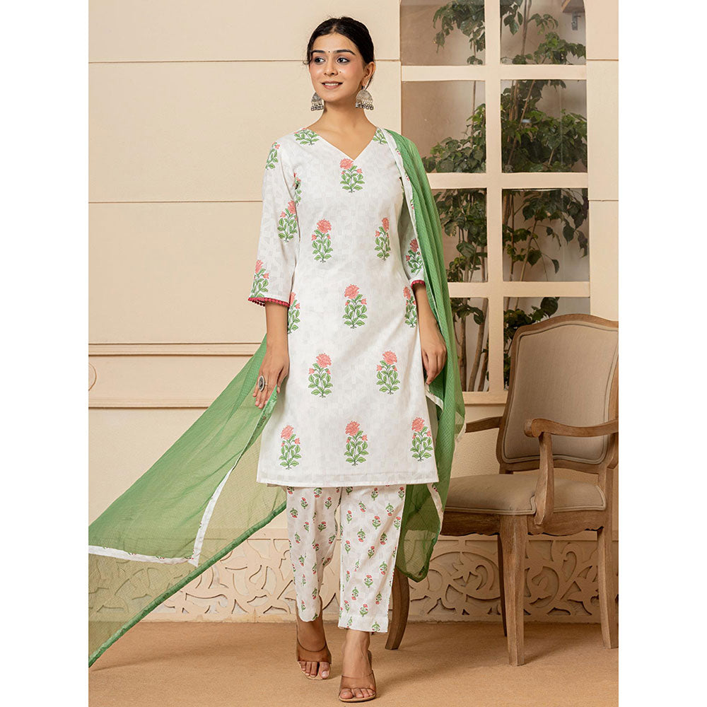 Yufta White Cotton Floral Print Kurta and Pants with Dupatta (Set of 3)