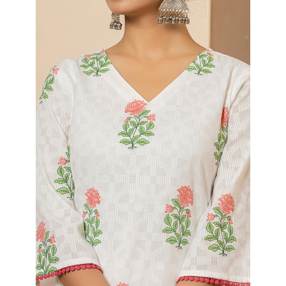 Yufta White Cotton Floral Print Kurta and Pants with Dupatta (Set of 3)