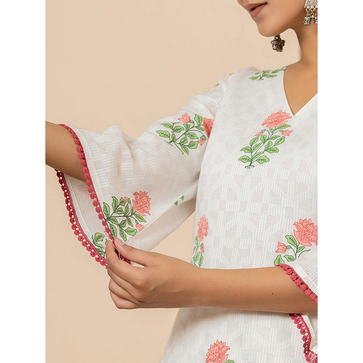 Yufta White Cotton Floral Print Kurta and Pants with Dupatta (Set of 3)