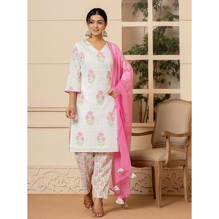 Yufta White & Pink Cotton Floral Print Kurta and Pants with Dupatta (Set of 3)