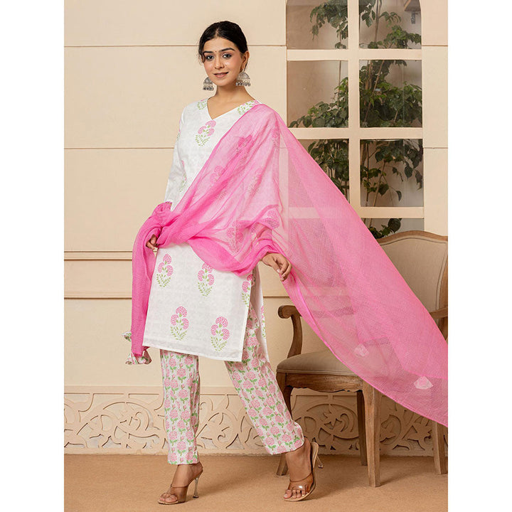 Yufta White & Pink Cotton Floral Print Kurta and Pants with Dupatta (Set of 3)