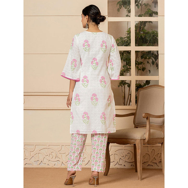 Yufta White & Pink Cotton Floral Print Kurta and Pants with Dupatta (Set of 3)