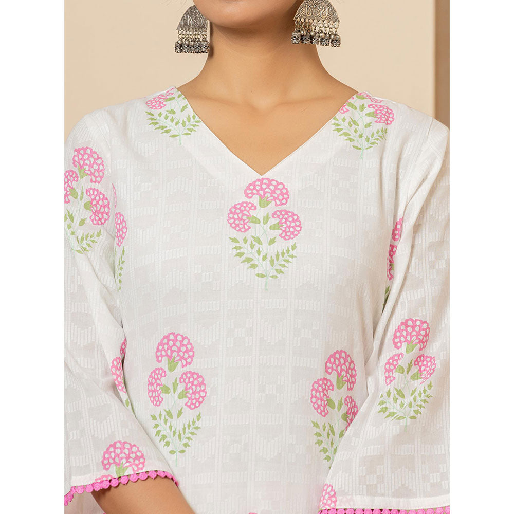 Yufta White & Pink Cotton Floral Print Kurta and Pants with Dupatta (Set of 3)