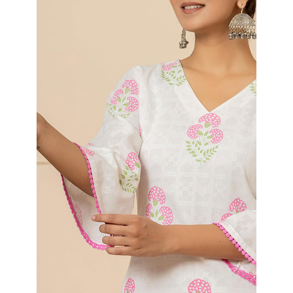 Yufta White & Pink Cotton Floral Print Kurta and Pants with Dupatta (Set of 3)