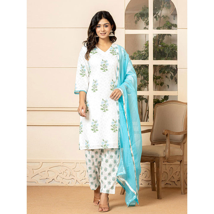 Yufta White & Sky Blue Floral Print Kurta and Pants with Dupatta (Set of 3)