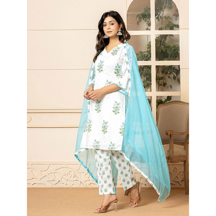 Yufta White & Sky Blue Floral Print Kurta and Pants with Dupatta (Set of 3)