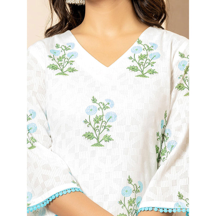 Yufta White & Sky Blue Floral Print Kurta and Pants with Dupatta (Set of 3)