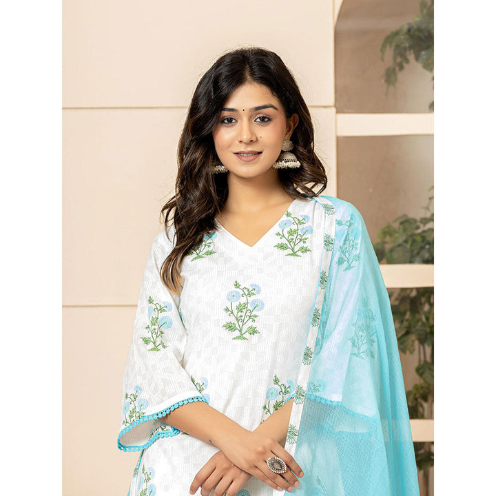 Yufta White & Sky Blue Floral Print Kurta and Pants with Dupatta (Set of 3)