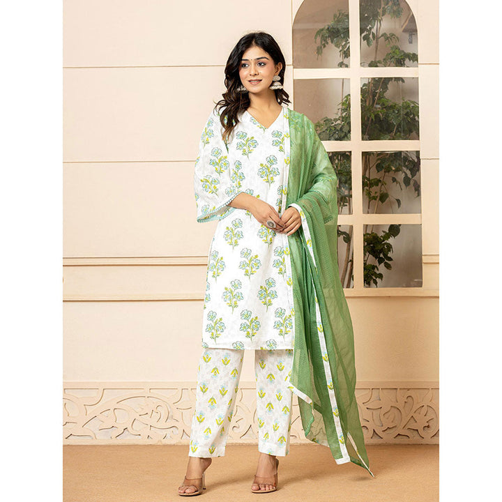 Yufta Green Blue Cotton Floral Print Kurta and Pants with Dupatta (Set of 3)