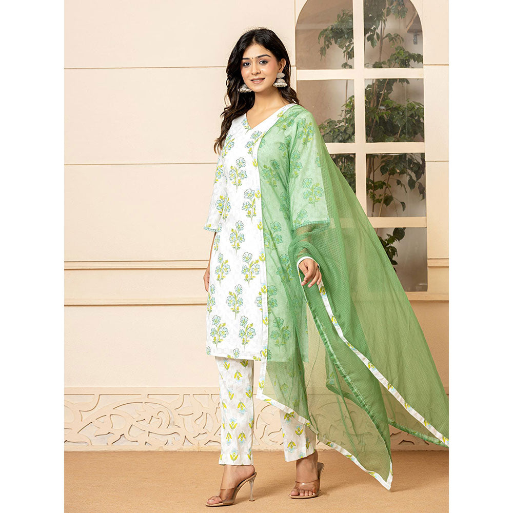 Yufta Green Blue Cotton Floral Print Kurta and Pants with Dupatta (Set of 3)