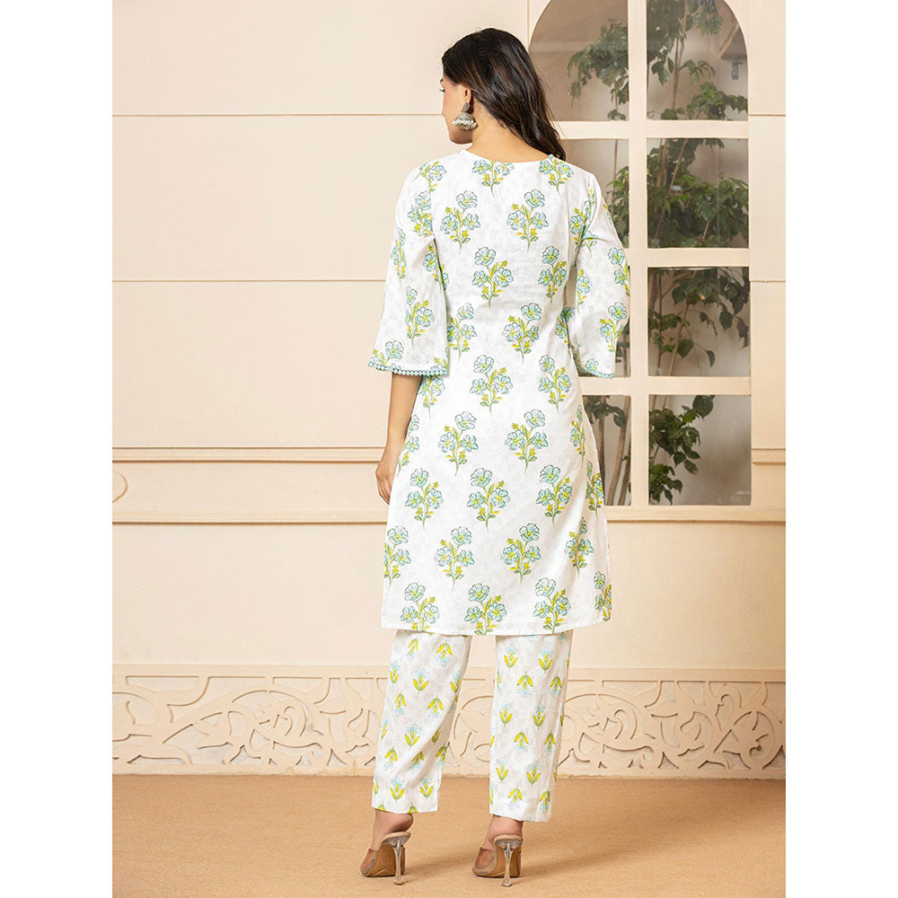 Yufta Green Blue Cotton Floral Print Kurta and Pants with Dupatta (Set of 3)