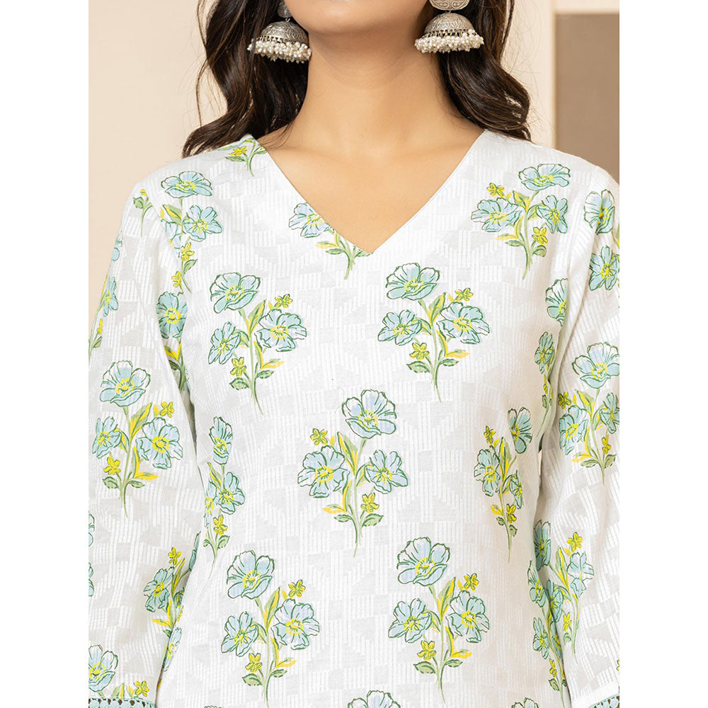 Yufta Green Blue Cotton Floral Print Kurta and Pants with Dupatta (Set of 3)