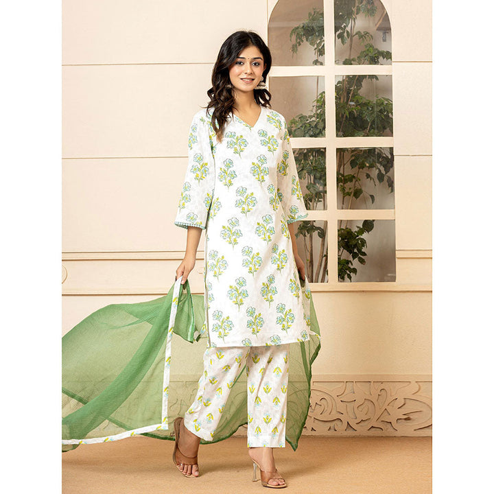 Yufta Green Blue Cotton Floral Print Kurta and Pants with Dupatta (Set of 3)