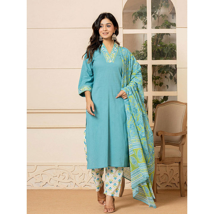 Yufta Teal Cotton Embroidered Kurta and Pants with Dupatta (Set of 3)