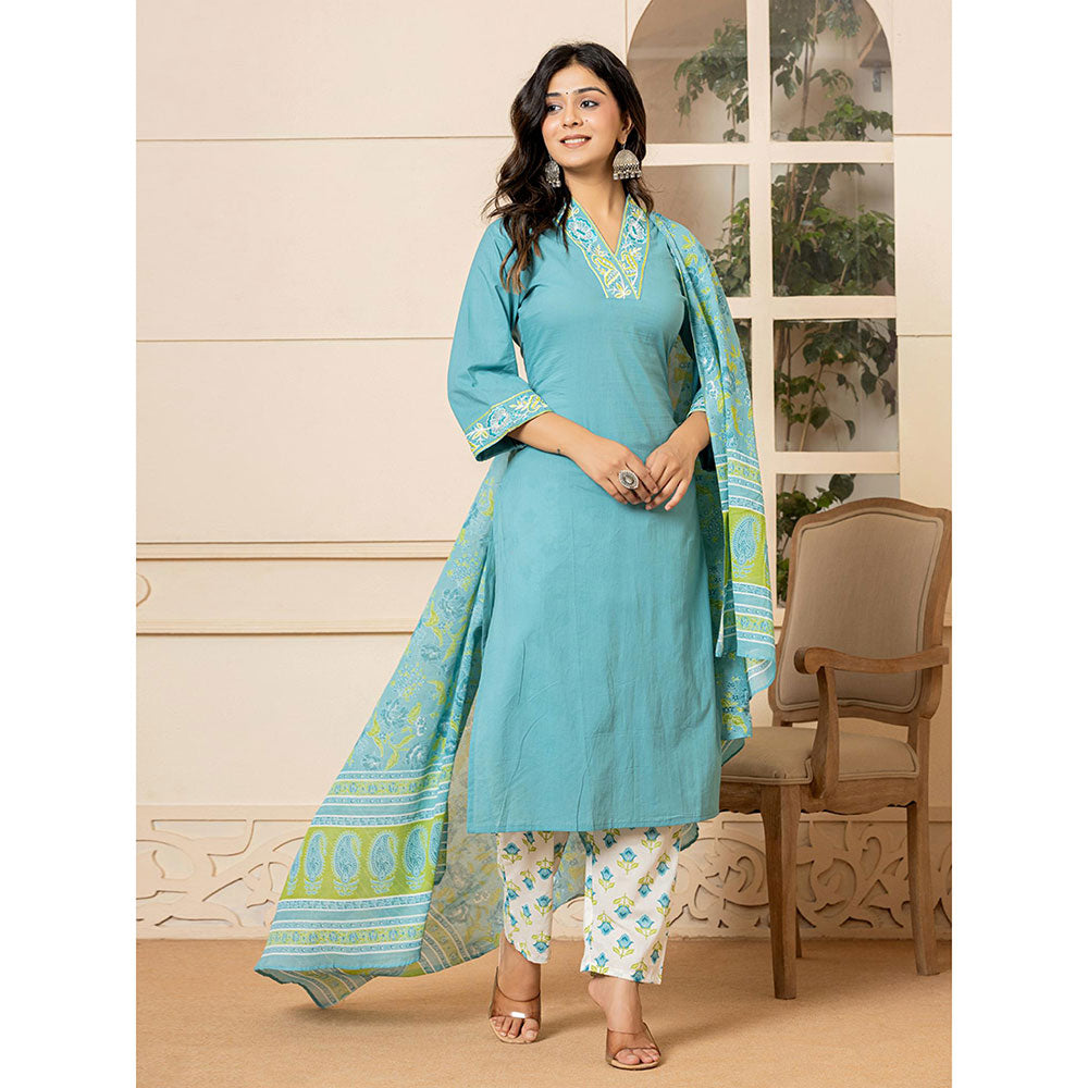 Yufta Teal Cotton Embroidered Kurta and Pants with Dupatta (Set of 3)