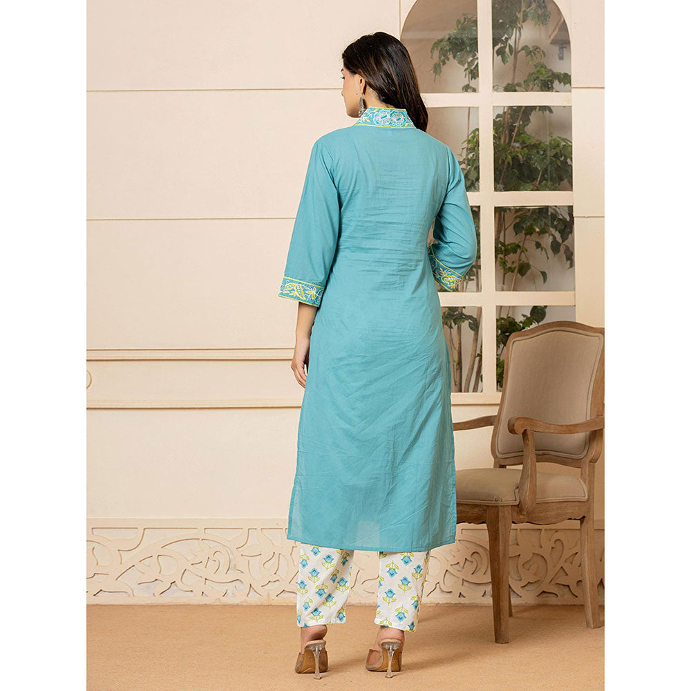 Yufta Teal Cotton Embroidered Kurta and Pants with Dupatta (Set of 3)