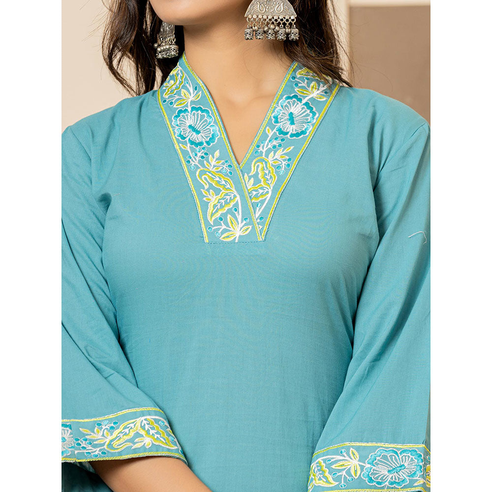 Yufta Teal Cotton Embroidered Kurta and Pants with Dupatta (Set of 3)