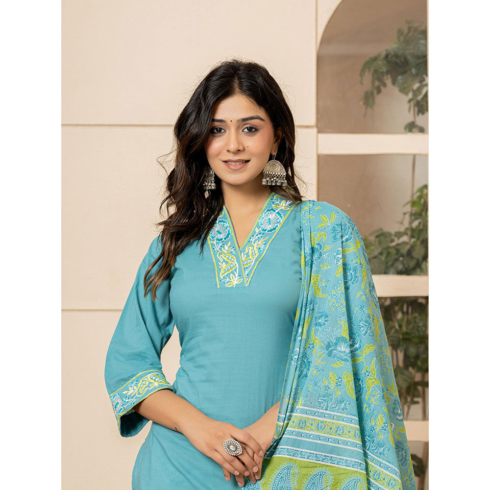 Yufta Teal Cotton Embroidered Kurta and Pants with Dupatta (Set of 3)