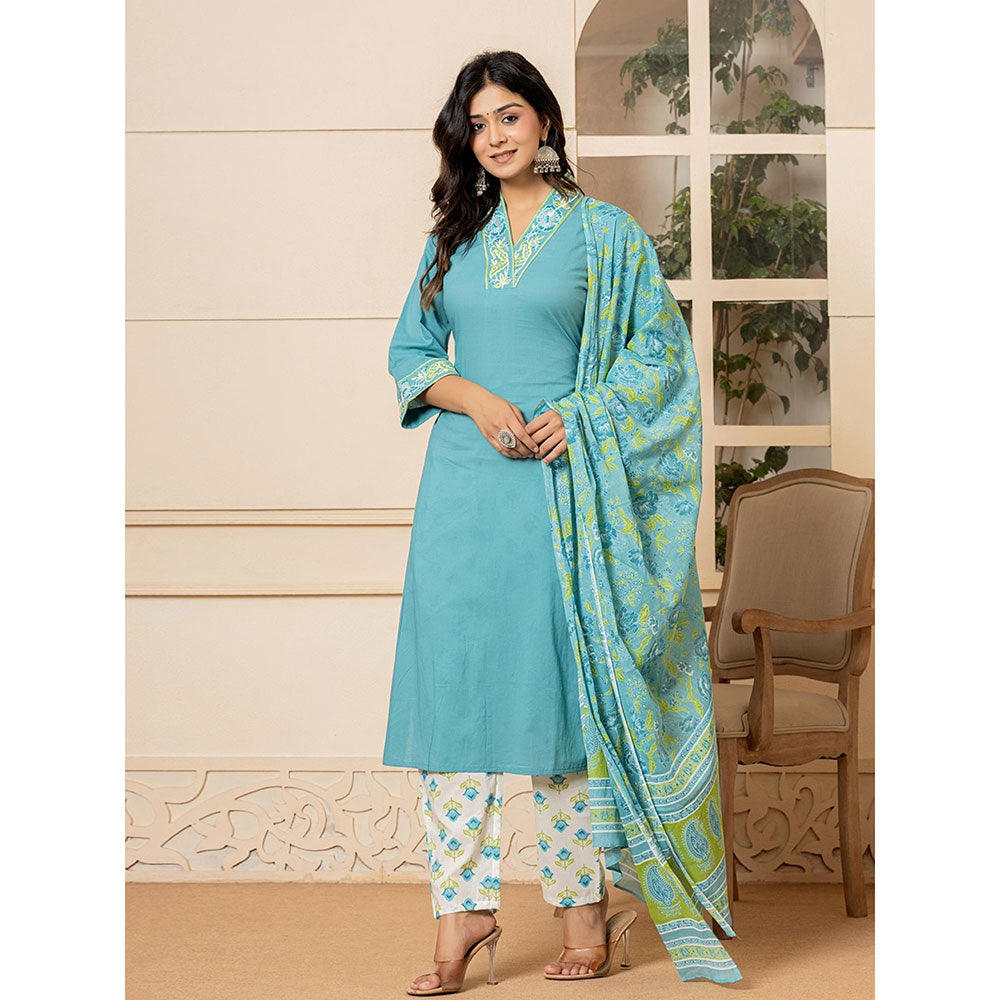 Yufta Teal Cotton Embroidered Kurta and Pants with Dupatta (Set of 3)