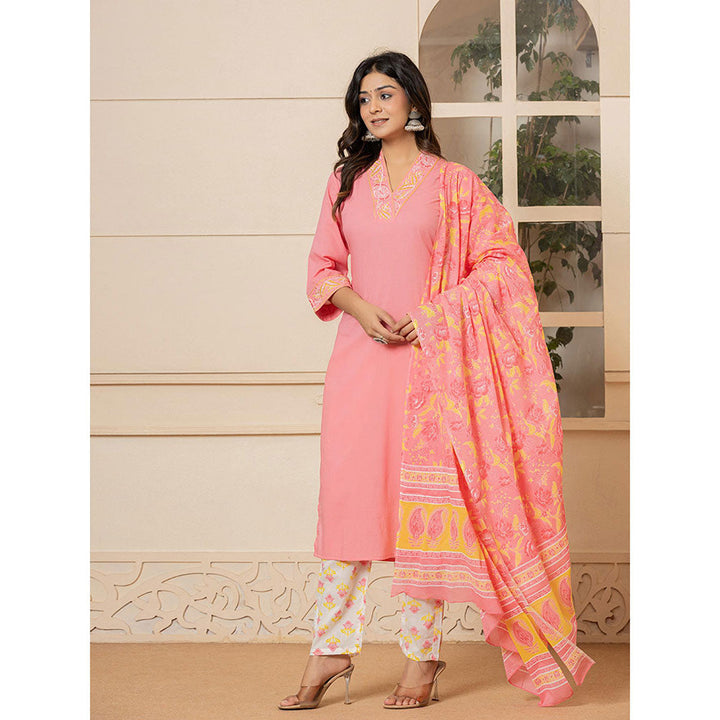 Yufta Pink Cotton Embroidered Kurta and Pants with Dupatta (Set of 3)