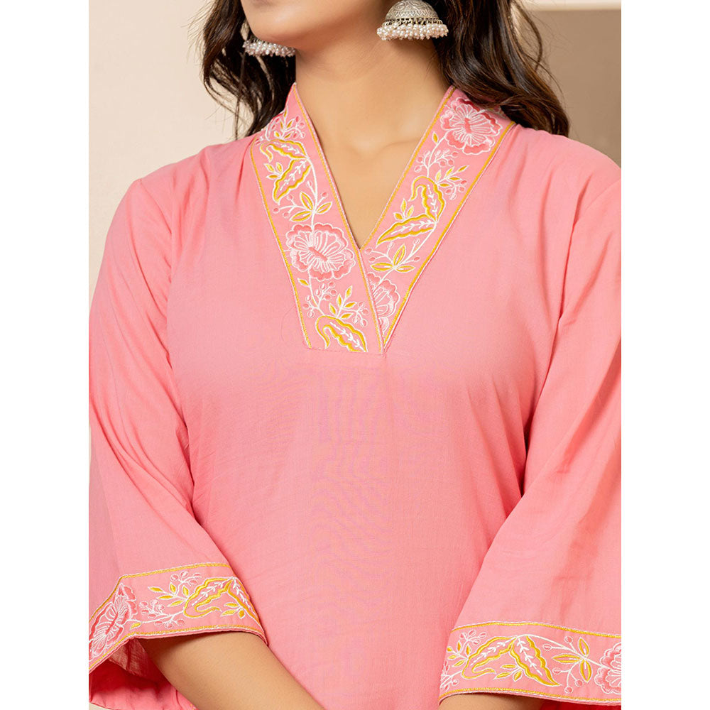 Yufta Pink Cotton Embroidered Kurta and Pants with Dupatta (Set of 3)