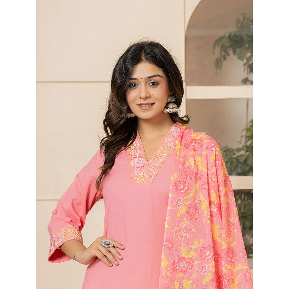 Yufta Pink Cotton Embroidered Kurta and Pants with Dupatta (Set of 3)