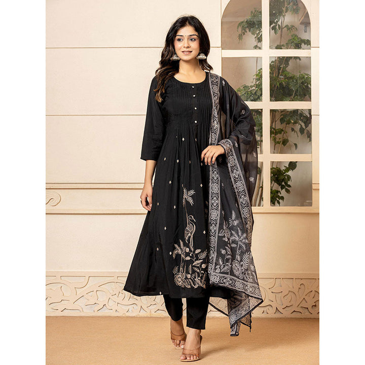 Yufta Black Embroidered A-Line Kurta and Pants with Dupatta (Set of 3)