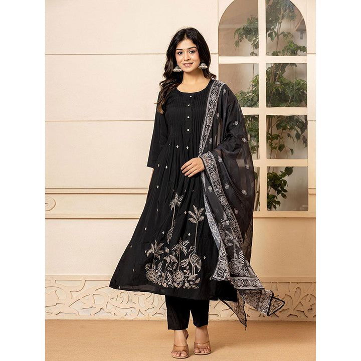 Yufta Black Embroidered A-Line Kurta and Pants with Dupatta (Set of 3)