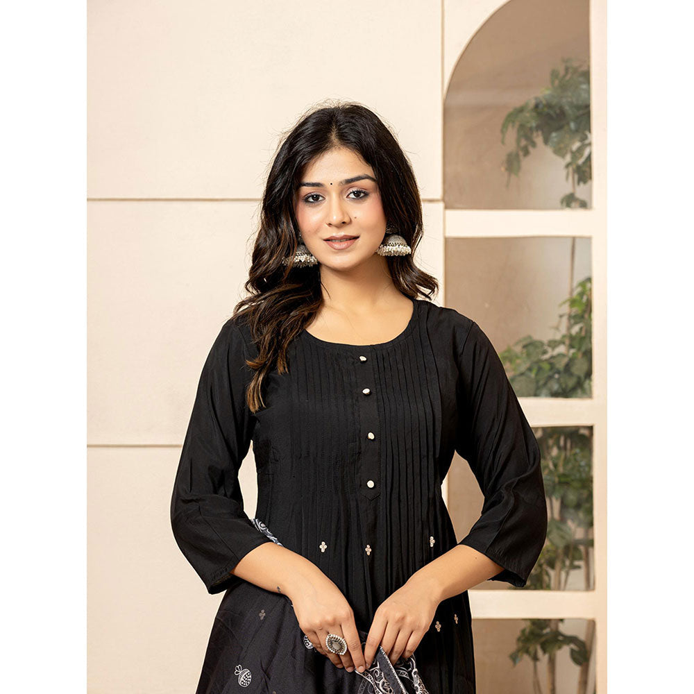 Yufta Black Embroidered A-Line Kurta and Pants with Dupatta (Set of 3)