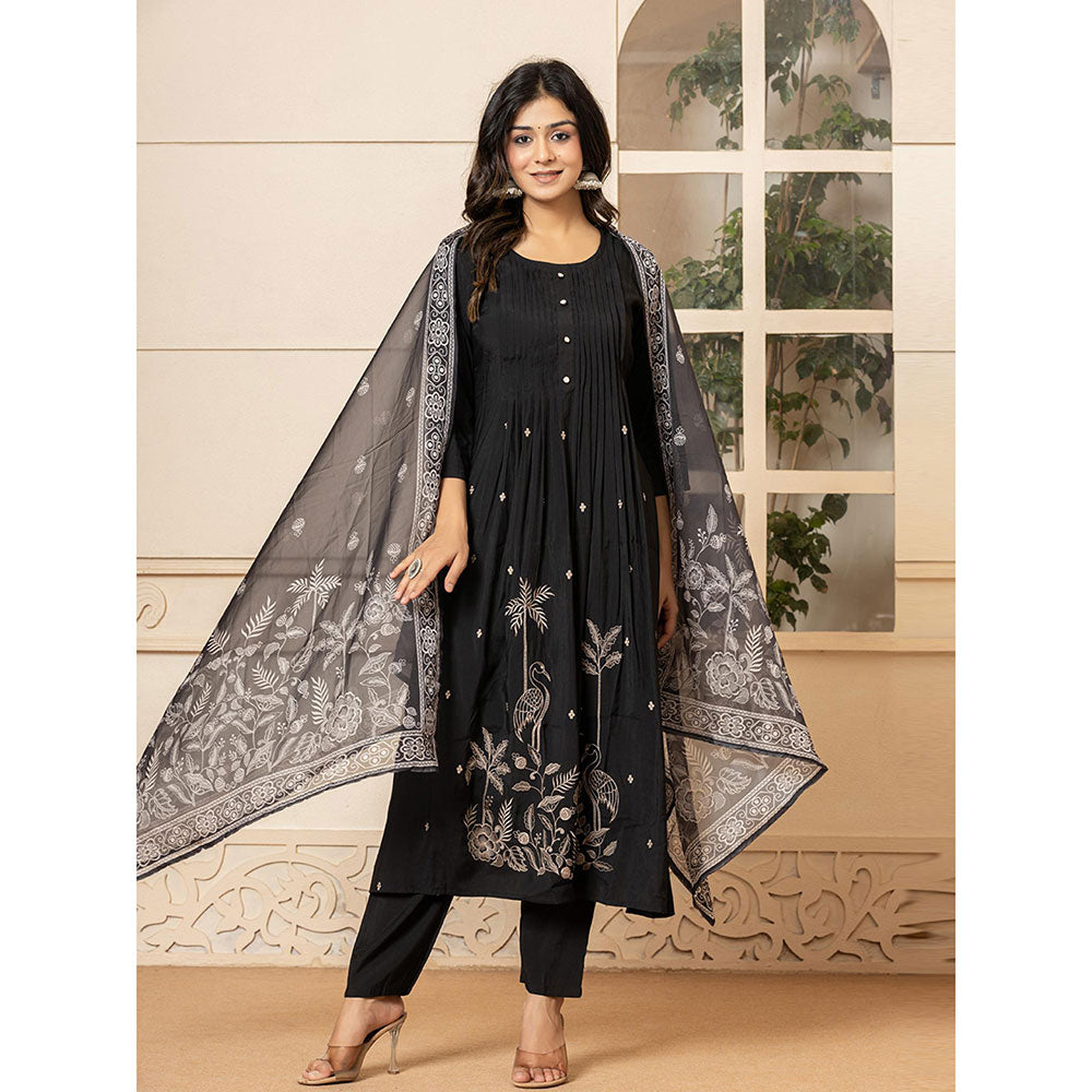 Yufta Black Embroidered A-Line Kurta and Pants with Dupatta (Set of 3)