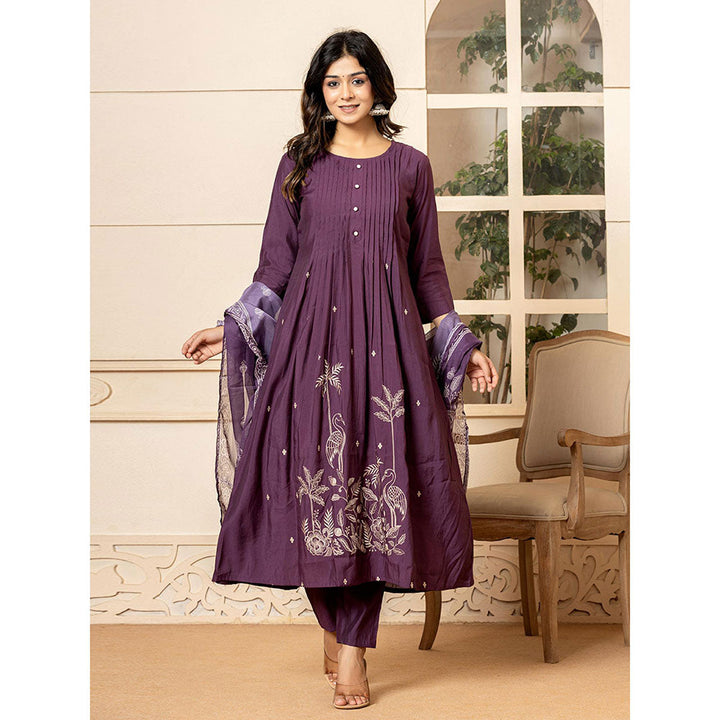 Yufta Purple Embroidered A-Line Kurta and Pants with Dupatta (Set of 3)