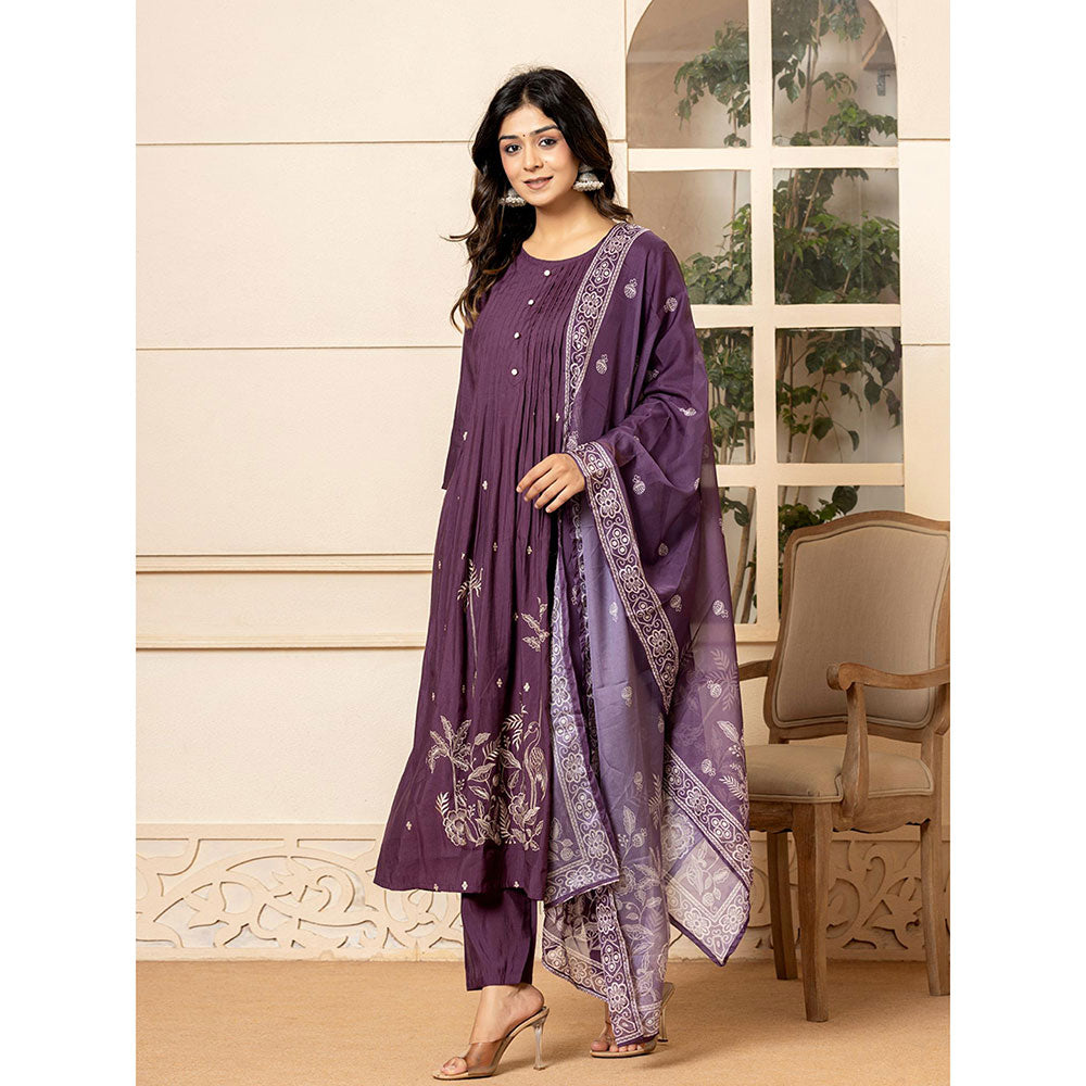 Yufta Purple Embroidered A-Line Kurta and Pants with Dupatta (Set of 3)