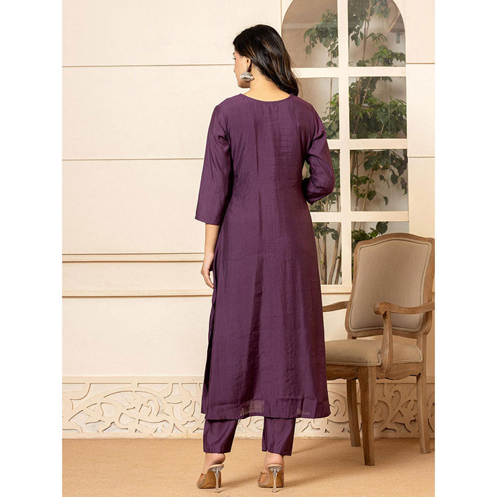 Yufta Purple Embroidered A-Line Kurta and Pants with Dupatta (Set of 3)