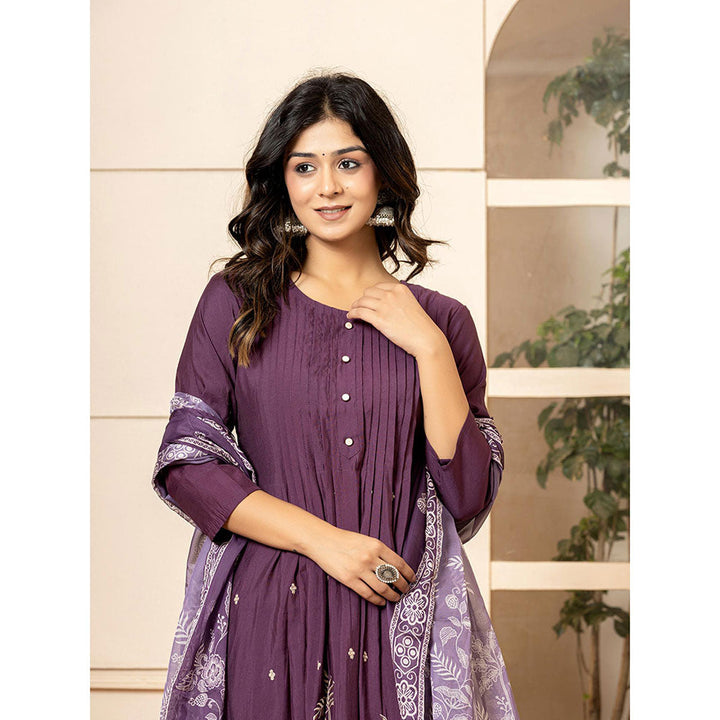 Yufta Purple Embroidered A-Line Kurta and Pants with Dupatta (Set of 3)