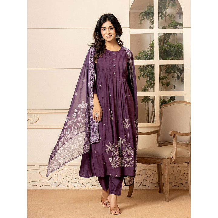 Yufta Purple Embroidered A-Line Kurta and Pants with Dupatta (Set of 3)