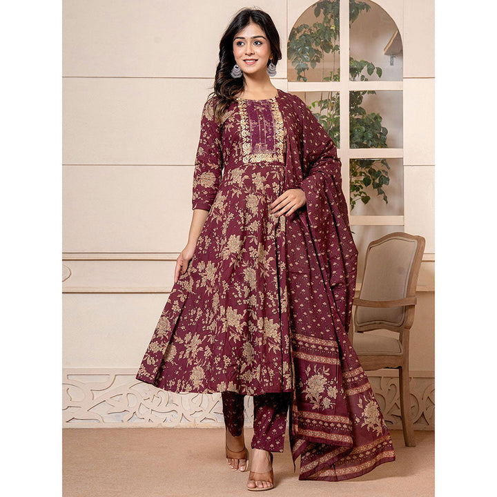 Yufta Cotton Burgundy Anarkali Kurta and Trousers with Dupatta (Set of 3)