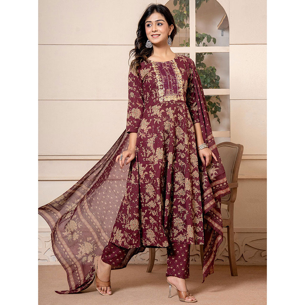 Yufta Cotton Burgundy Anarkali Kurta and Trousers with Dupatta (Set of 3)