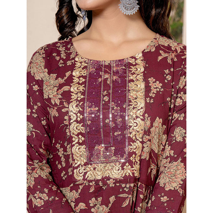 Yufta Cotton Burgundy Anarkali Kurta and Trousers with Dupatta (Set of 3)