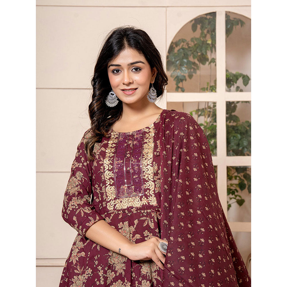 Yufta Cotton Burgundy Anarkali Kurta and Trousers with Dupatta (Set of 3)