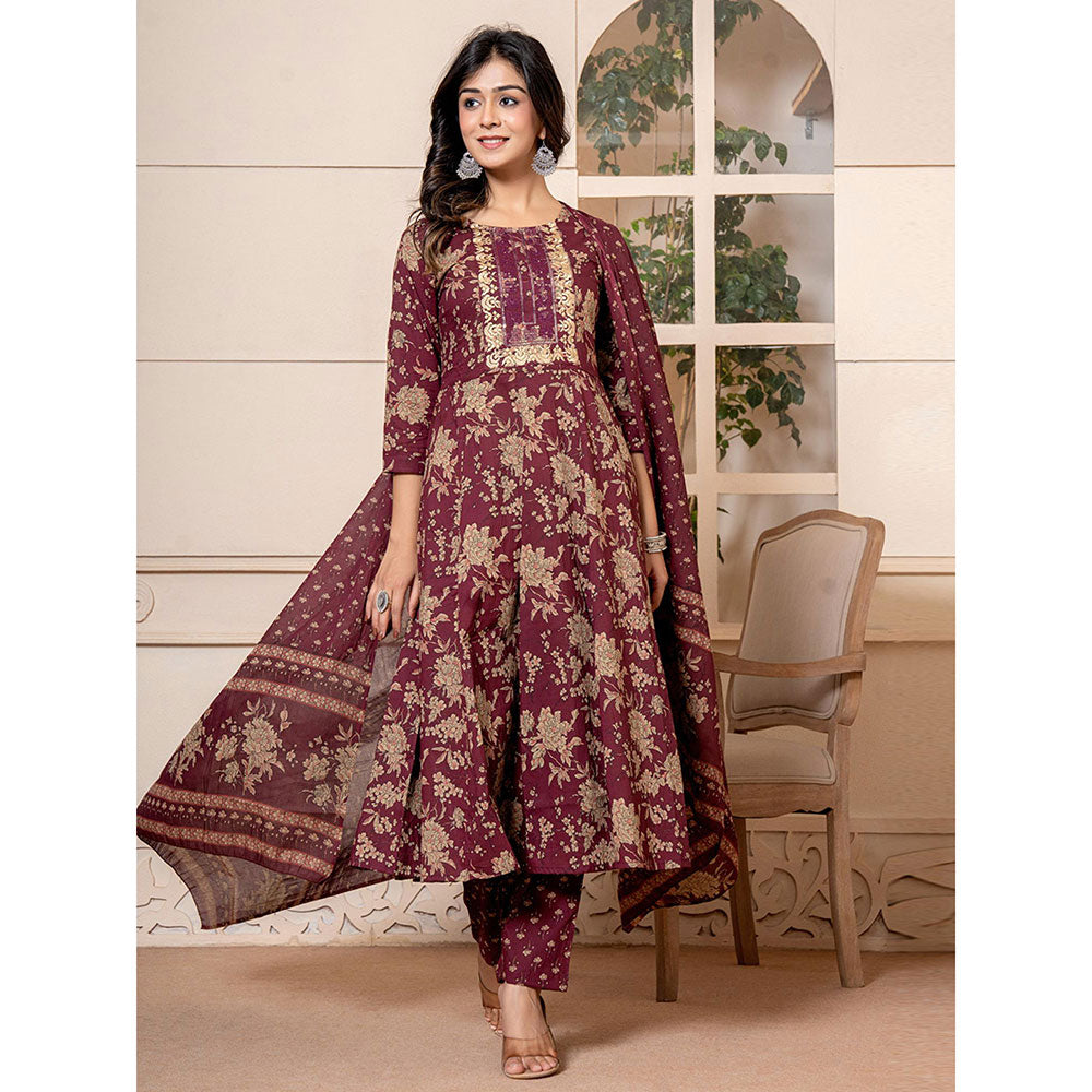 Yufta Cotton Burgundy Anarkali Kurta and Trousers with Dupatta (Set of 3)