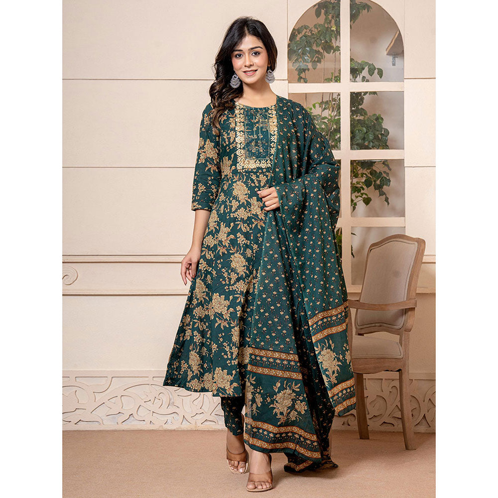 Yufta Cotton Green Anarkali Kurta and Trousers with Dupatta (Set of 3)