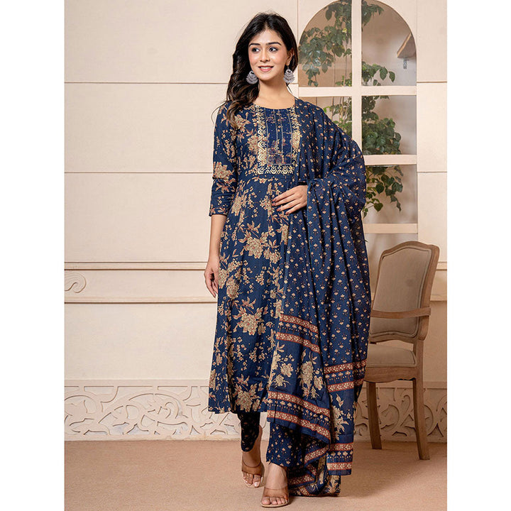 Yufta Cotton Navy Blue Anarkali Kurta and Trousers with Dupatta (Set of 3)