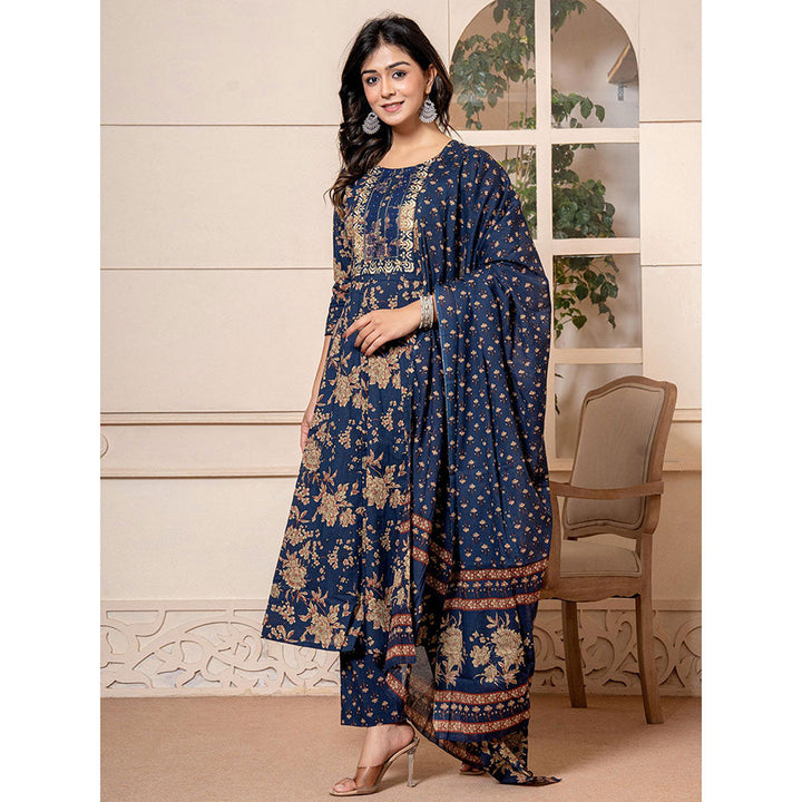 Yufta Cotton Navy Blue Anarkali Kurta and Trousers with Dupatta (Set of 3)