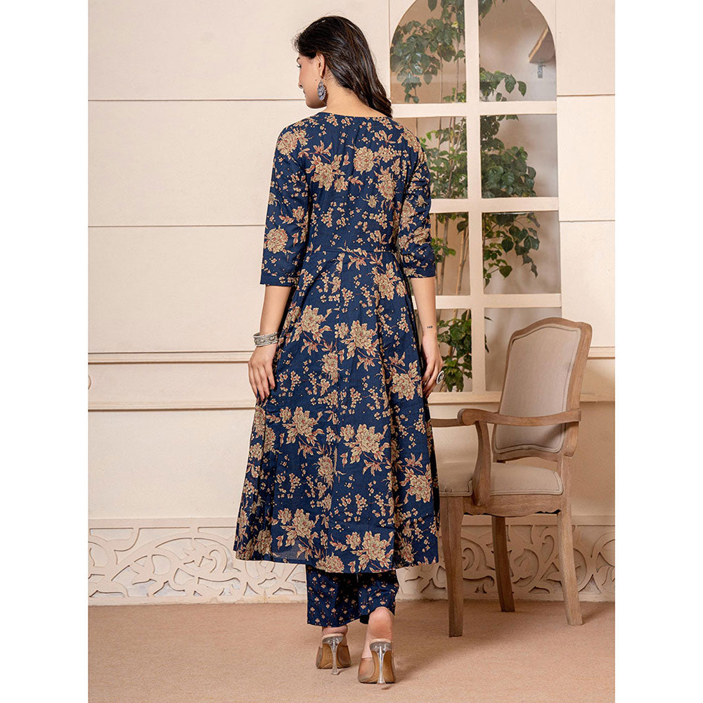 Yufta Cotton Navy Blue Anarkali Kurta and Trousers with Dupatta (Set of 3)